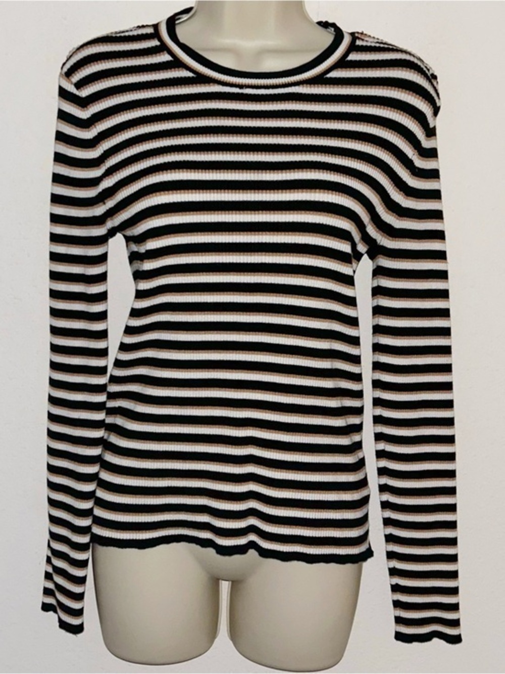 Nine West Black, White & Tan Striped Ribbed Long-Sleeve Top